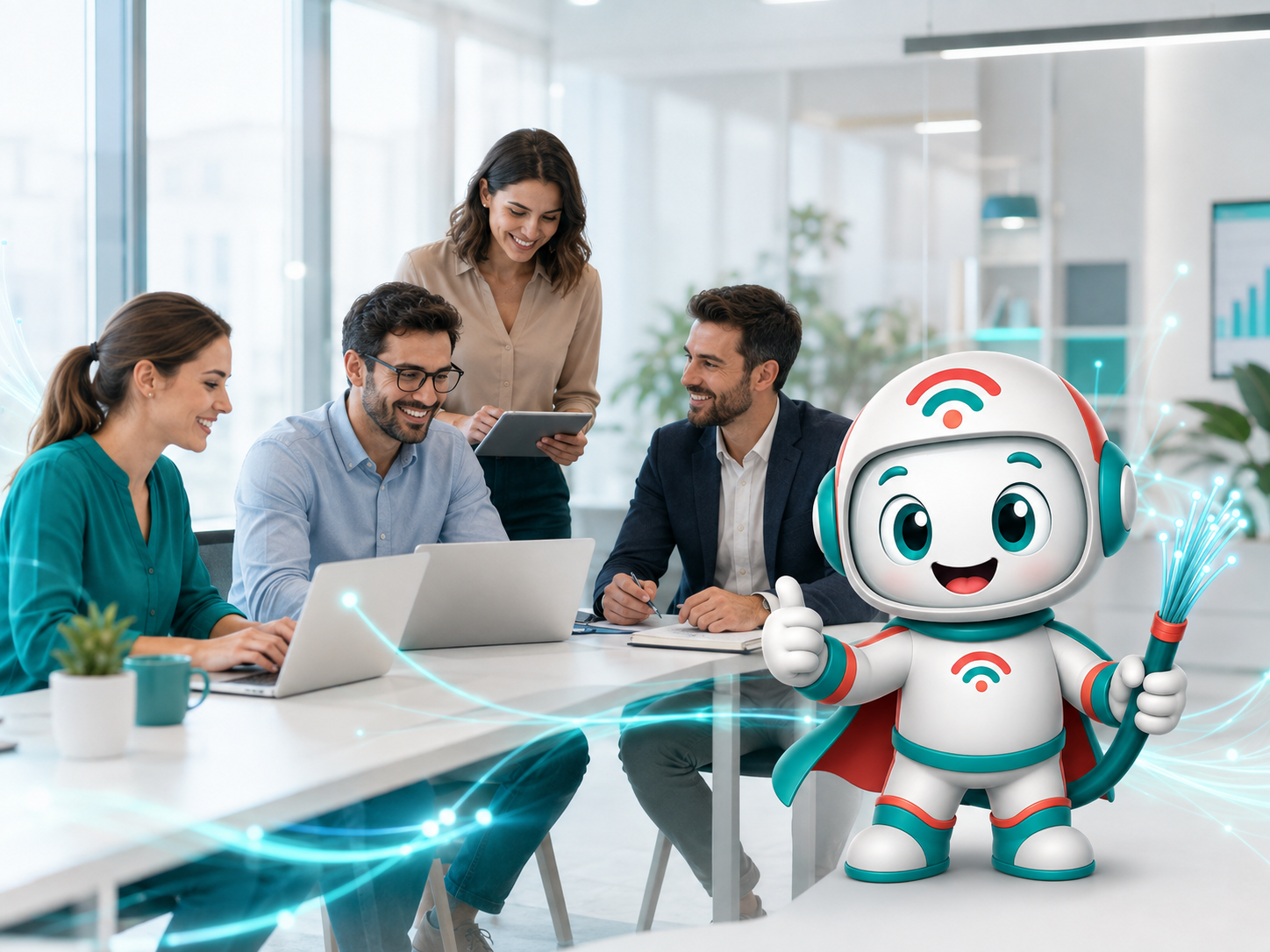 Equipo empresarial trabajando con conexión estable de VIAFIBRA